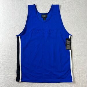 DKNY Tank Top‎ Women L Blue Embossed Logo USA Side Stripes Sleeveless Activewear